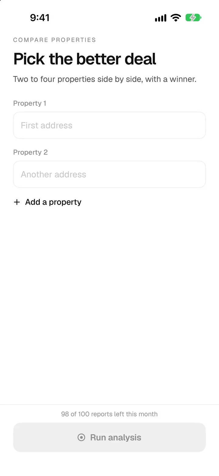 PropVision Compare properties screen