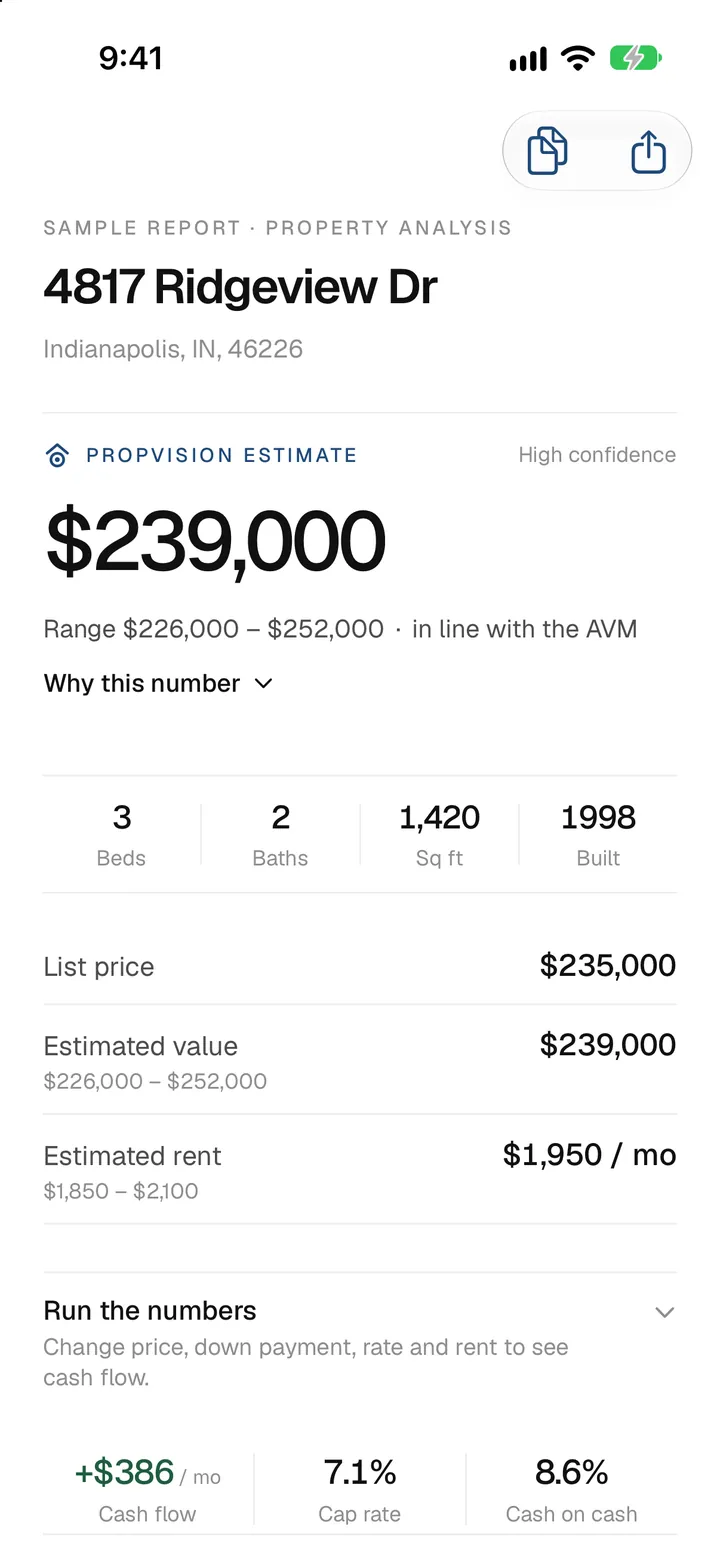 PropVision Property analysis report screen